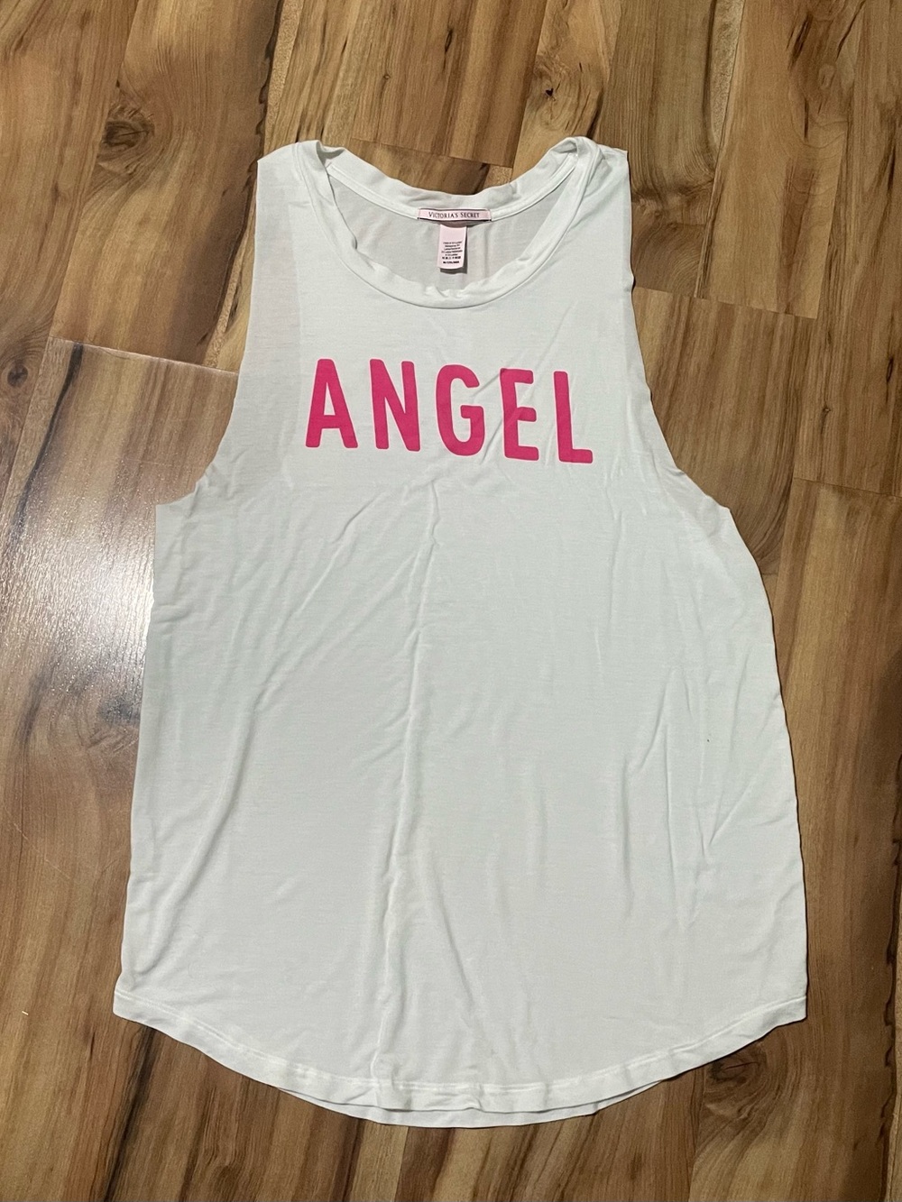 Victoria's Secret White Angel Tank Top Pink Graphic Raw Edge Muscle Tee Sz M